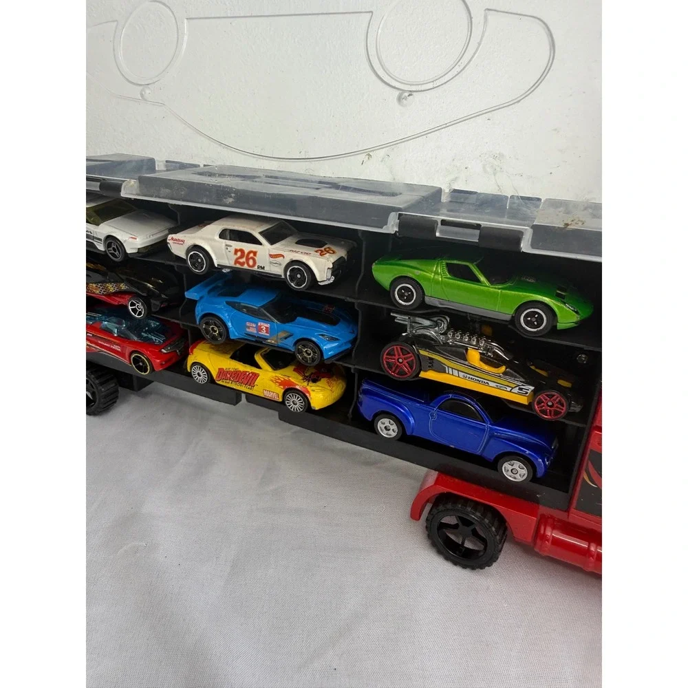Toy Car Carrier Truck with 18 Diecast Cars Red Transport Semi Storage Case